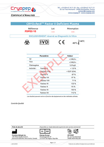 Certificat d'analyses CRYOcheck™ Factor II Deficient Plasma